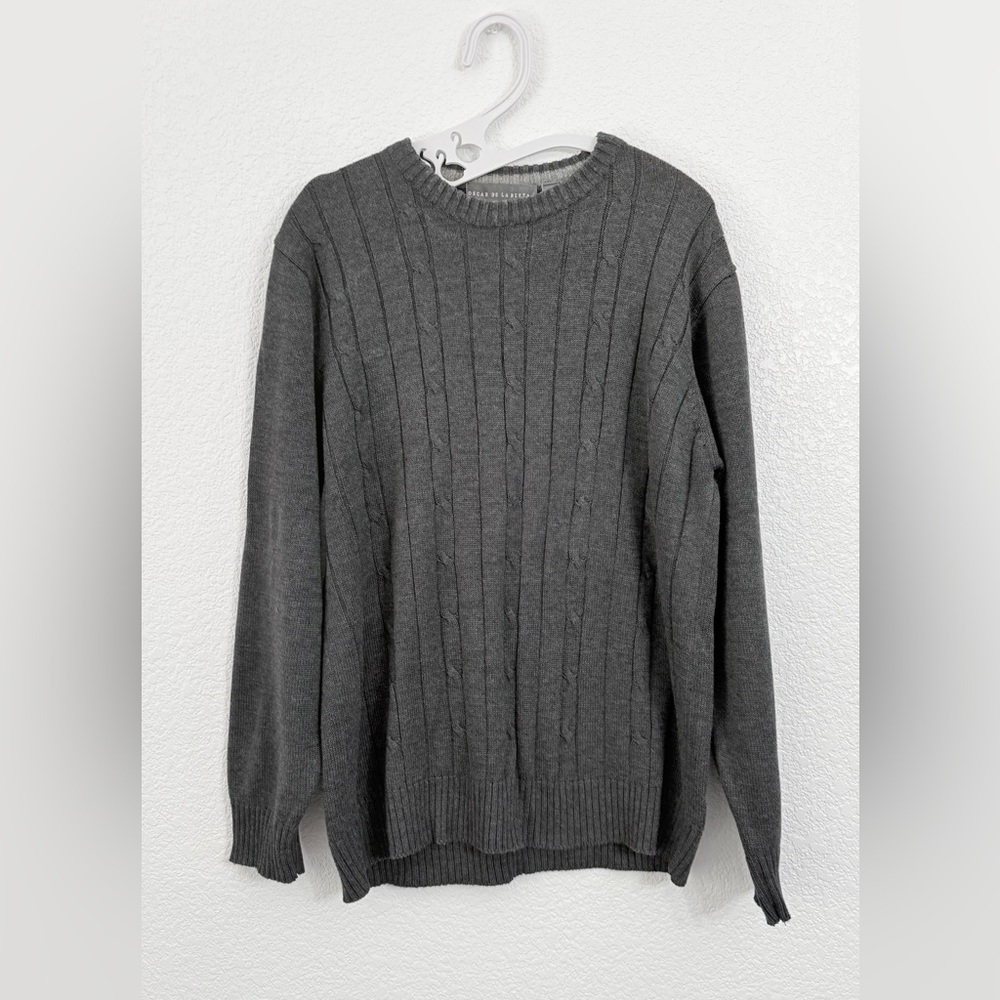 Oscar de la Renta Men's Large Gray Cable Knit Crewneck Sweater - Cotton Blend